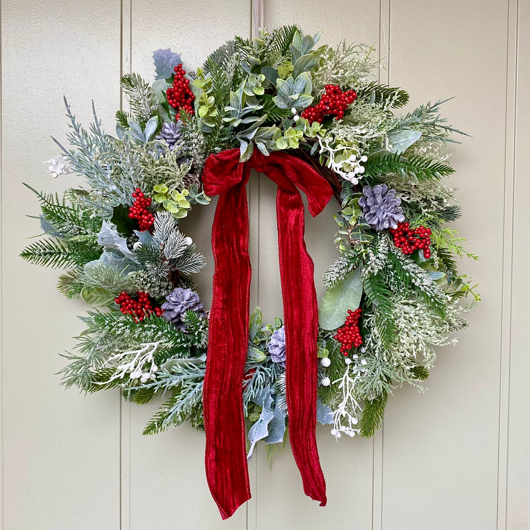 Frosted Foliage & Red Berry Wreath