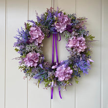 Load image into Gallery viewer, Purple Hydrangea &amp; Boxwood Wreath
