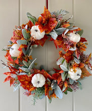 Load image into Gallery viewer, Autumn Lambs Ear &amp; White Pumpkin Wreath
