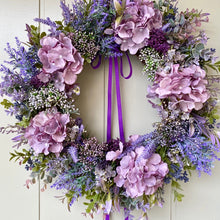 Load image into Gallery viewer, Purple Hydrangea &amp; Boxwood Wreath
