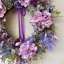 Load image into Gallery viewer, Purple Hydrangea &amp; Boxwood Wreath
