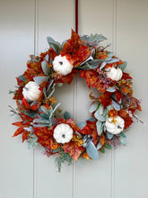 Load image into Gallery viewer, Autumn Lambs Ear &amp; White Pumpkin Wreath
