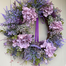 Load image into Gallery viewer, Purple Hydrangea &amp; Boxwood Wreath
