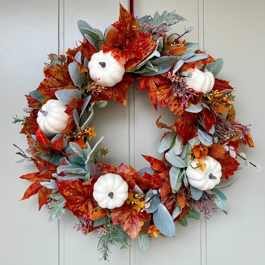 Autumn Lambs Ear & White Pumpkin Wreath