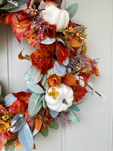 Load image into Gallery viewer, Autumn Lambs Ear &amp; White Pumpkin Wreath
