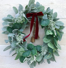 Load image into Gallery viewer, Lambs Ear Christmas Wreath with Bells - Field &amp; Rose
