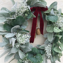 Load image into Gallery viewer, Lambs Ear Christmas Wreath with Bells - Field &amp; Rose
