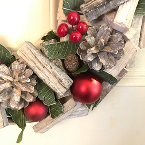 Festive Red Berry & Pine Cone Wooden Wreath.