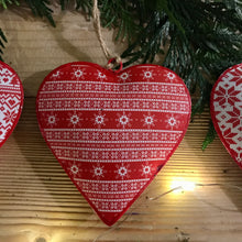 Load image into Gallery viewer, A festive themed assortment of 3 metal hanging hearts, each decorated with a traditional red and white print   Perfect for hanging around the home or on your tree at Christmas time 
