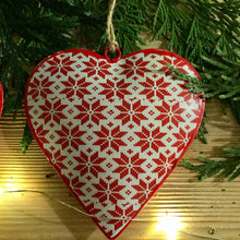 Load image into Gallery viewer, A festive themed assortment of 3 metal hanging hearts, each decorated with a traditional red and white print   Perfect for hanging around the home or on your tree at Christmas time 
