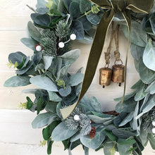 Load image into Gallery viewer, Christmas Wreath with Bells, White Berries &amp; Green Velvet Bow - Field &amp; Rose
