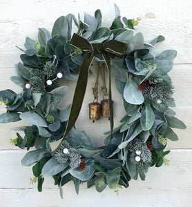 Christmas Wreath with Bells, White Berries & Green Velvet Bow - Field & Rose