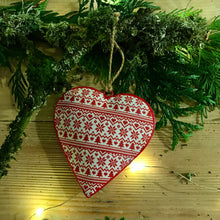 Load image into Gallery viewer, A festive themed assortment of 3 metal hanging hearts, each decorated with a traditional red and white print   Perfect for hanging around the home or on your tree at Christmas time 
