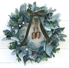 Load image into Gallery viewer, Christmas Wreath with Bells, White Berries &amp; Green Velvet Bow - Field &amp; Rose
