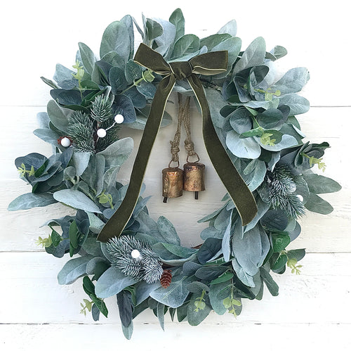 Christmas Wreath with Bells, White Berries & Green Velvet Bow - Field & Rose