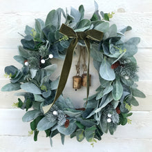 Load image into Gallery viewer, Christmas Wreath with Bells, White Berries &amp; Green Velvet Bow - Field &amp; Rose
