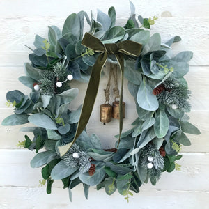 Christmas Wreath with Bells, White Berries & Green Velvet Bow - Field & Rose