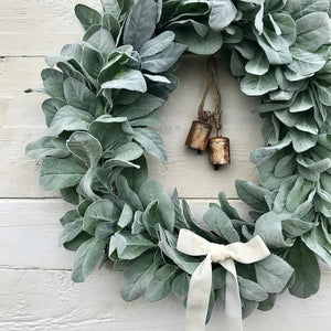 Lambs Ear Wreath with Bells & Velvet - Medium - Field & Rose