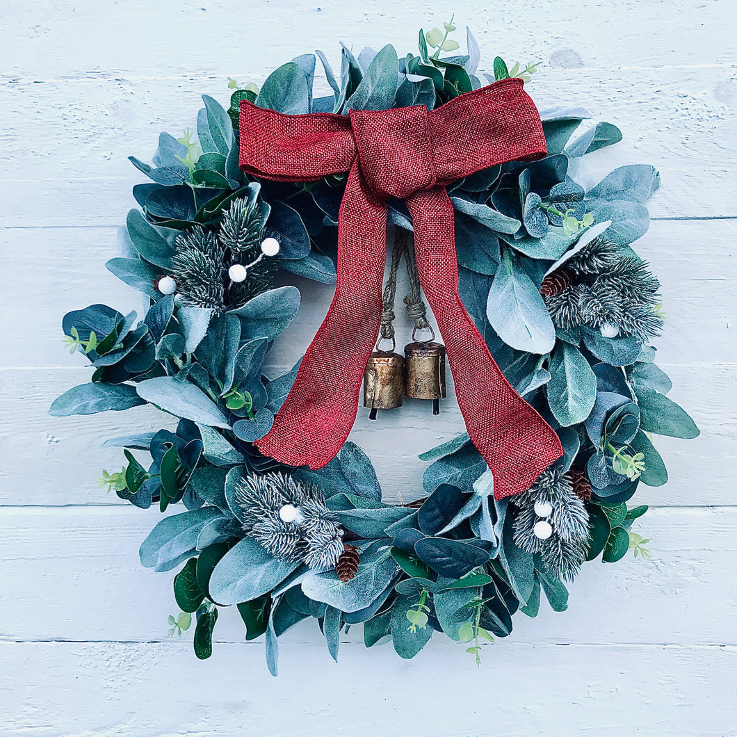 Christmas Wreath with Bells, White Berries & Red Hessian Bow - Field & Rose