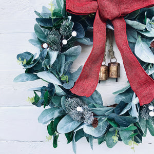 Christmas Wreath with Bells, White Berries & Red Hessian Bow - Field & Rose