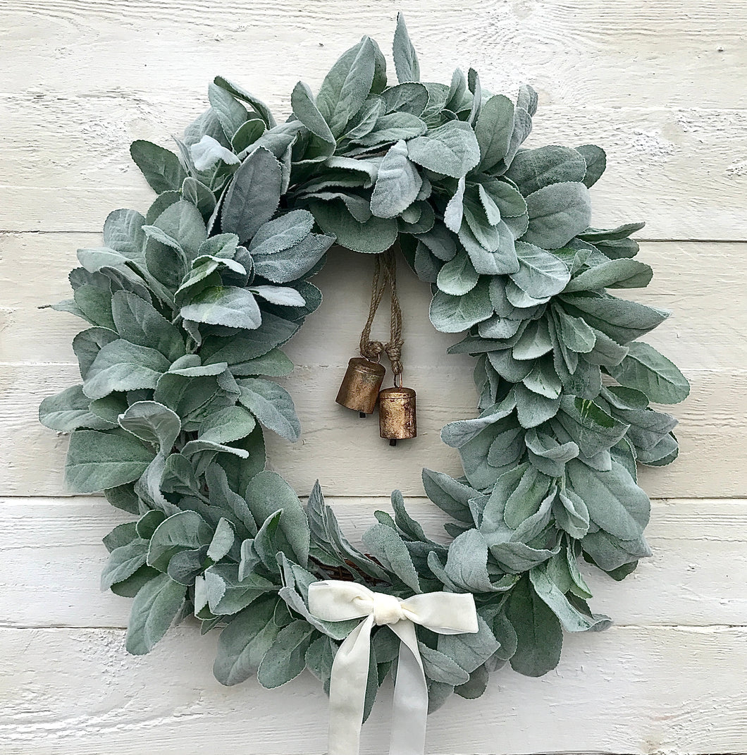 Lambs Ear Wreath with Bells & Velvet - Medium - Field & Rose